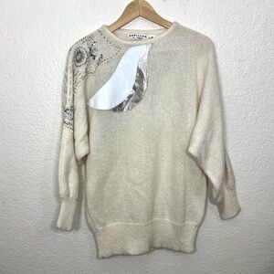 Vintage andriano by i. fatigati sweater cream beaded with leather patch Size M